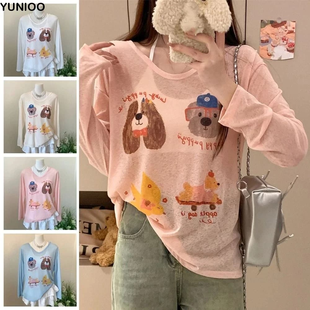 T-shirt con stampa di cani sottili, protezione solare, cartoni animati, animali, maniche lunghe, stile coreano Harajuku