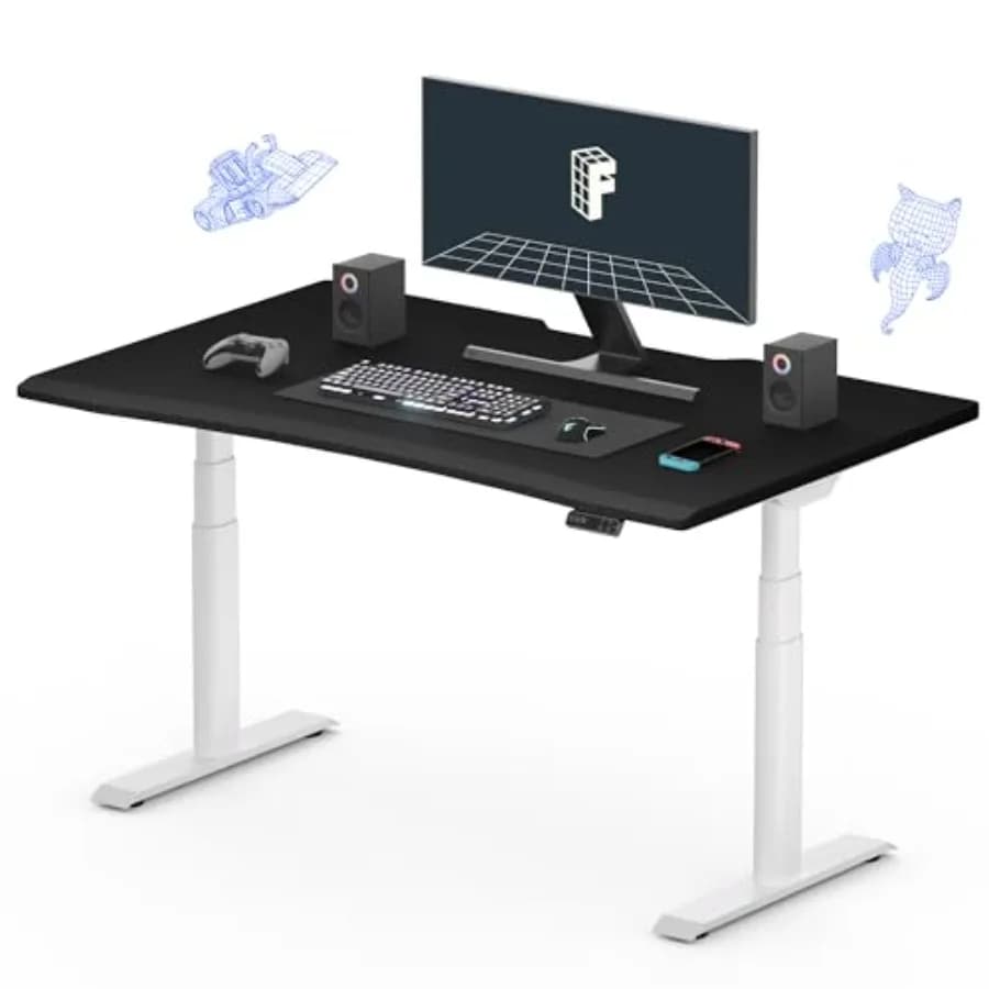 Scrivania da gaming FPS per ufficio domestico: design con gambe ovali regolabili elettricamente in altezza, telaio bianco + piano nero, doppi motori, porte USB, p