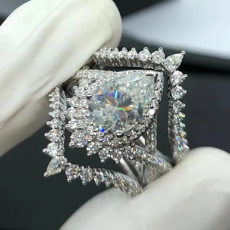 Huitan Newly Designed Luxury 3Pcs Set Women Rings Waterdrop Cubic Zircon Fashion Bridal Wedding Accessories Silver Color Jewelry