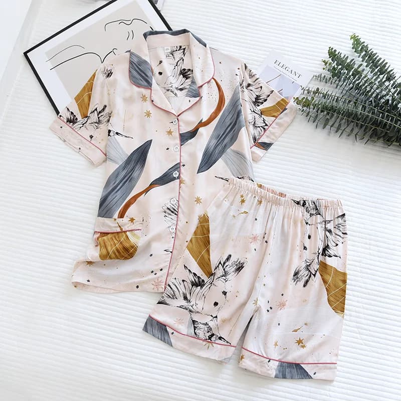 Summer Ladies Pajamas Thin Cotton Silk Short-sleeved Shorts Home Clothes Loose 100% Viscose Sleep Wear Women Two-piece Suit
