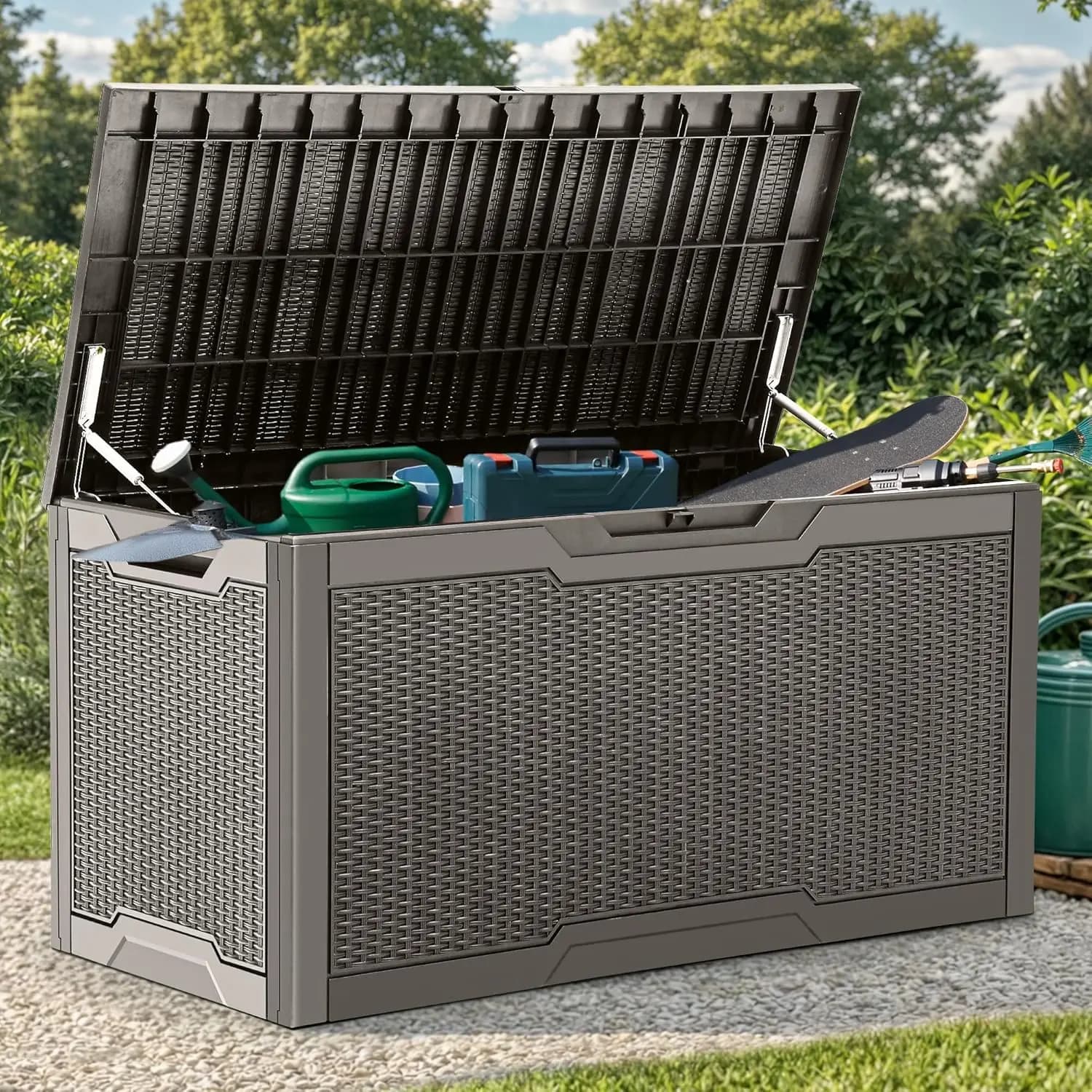 100 Gallon Exterior Storage Box, Garden Furniture Storage Box, Bearings, Garden Tools, Water Resistant and Key Lockable