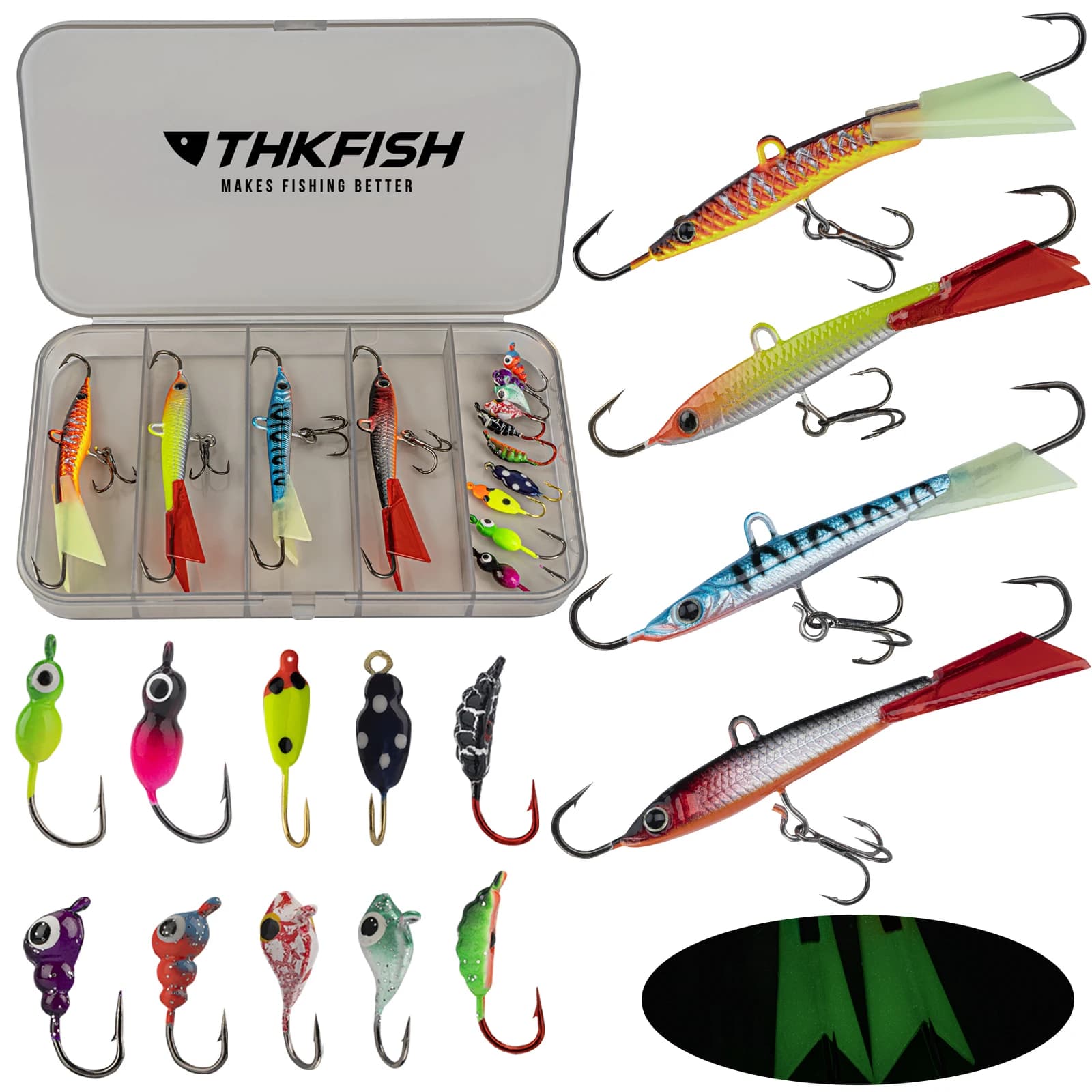14 pz Maschere di Pesca sul Ghiaccio Invernale Set 14.5g-16.3g Glow Balancer Esche 1g-1.5g Micro Maschere Esche Wobbler Ami da pesca nel Ghiaccio Arfitiale