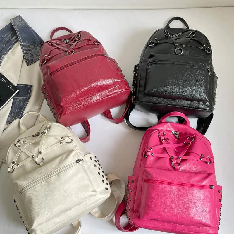 Korean Fashion Y2K Punk Rivet Backpack Ladies Soft Faux Leather Harajuku Shoulder Bag Casual Daily Travel College School Bookbag