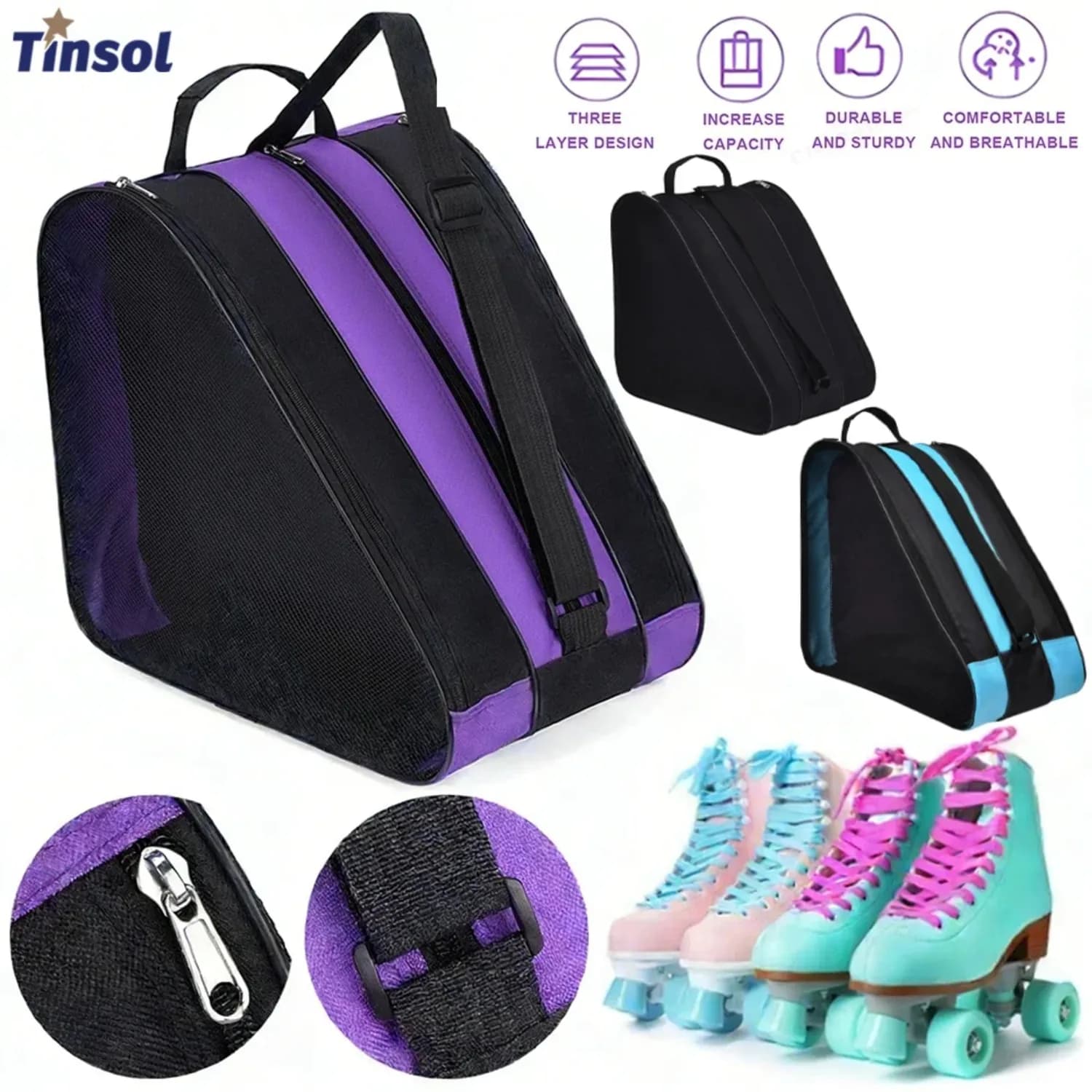 TINSOL 2026 Borsa Portatile per Pattini a Rotelle, Borsa per Pattinaggio su Ghiaccio, Grande Capacità, Traspirante, per Bambini, Borsa per Pattini in Linea, Borsa per Conservazione Pattini