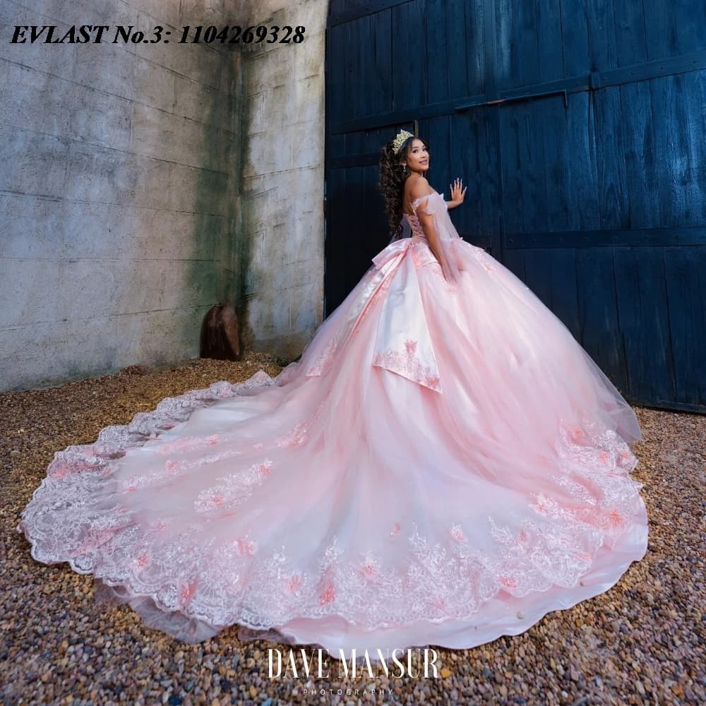 EVLAST Personalizzato Principessa Blush Rosa Abito Quinceanera Abito di Sfera Applique di Pizzo Che Borda Arco Dolce 16 Vestido De 15 Anos E3Q371