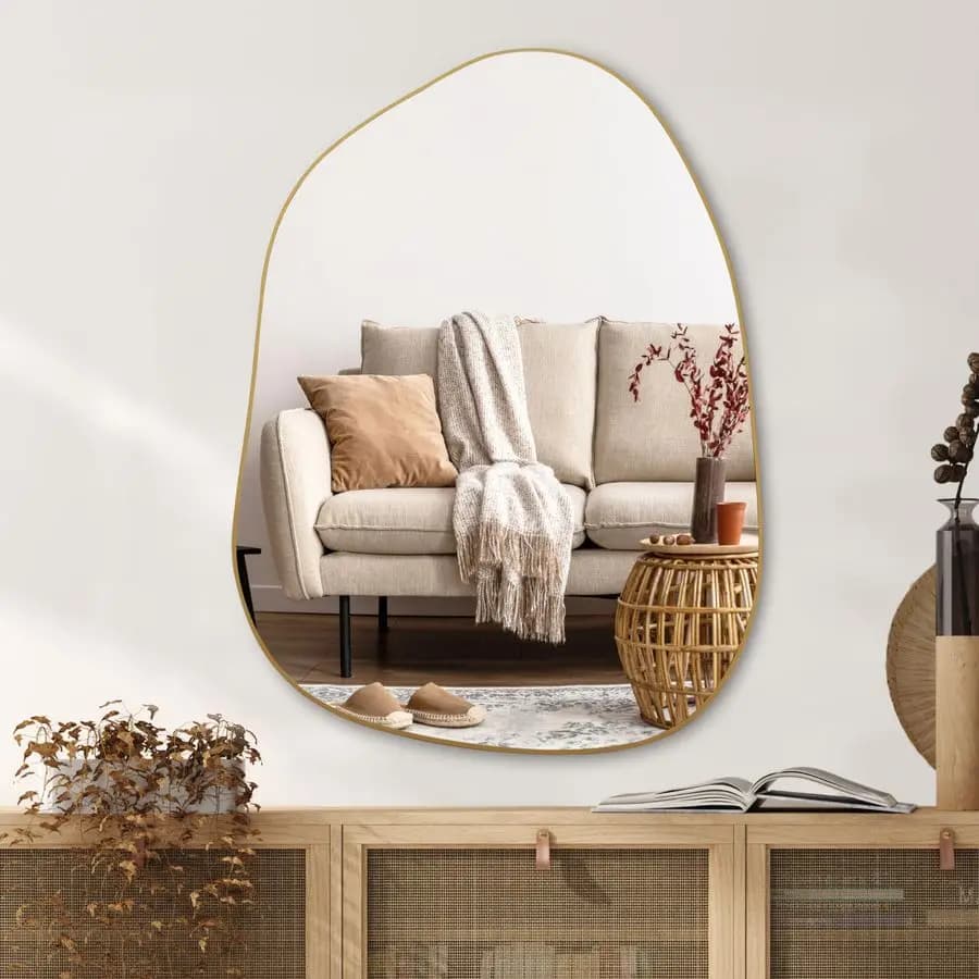 Specchio da Parete Irregolare, Specchio Asimmetrico, 32x24 Specchio Dorato per Bagno, Camera da Letto, Soggiorno, Ingresso, Decorativo Moderno Boho D