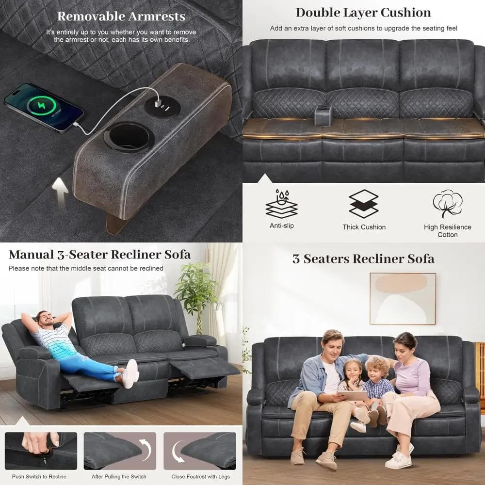 3-Seater Reclining Sofa Set with 2-Tier Cushions, Velvet Fabric, Removable Covers, Plus Oversized Grey Recliner Chair