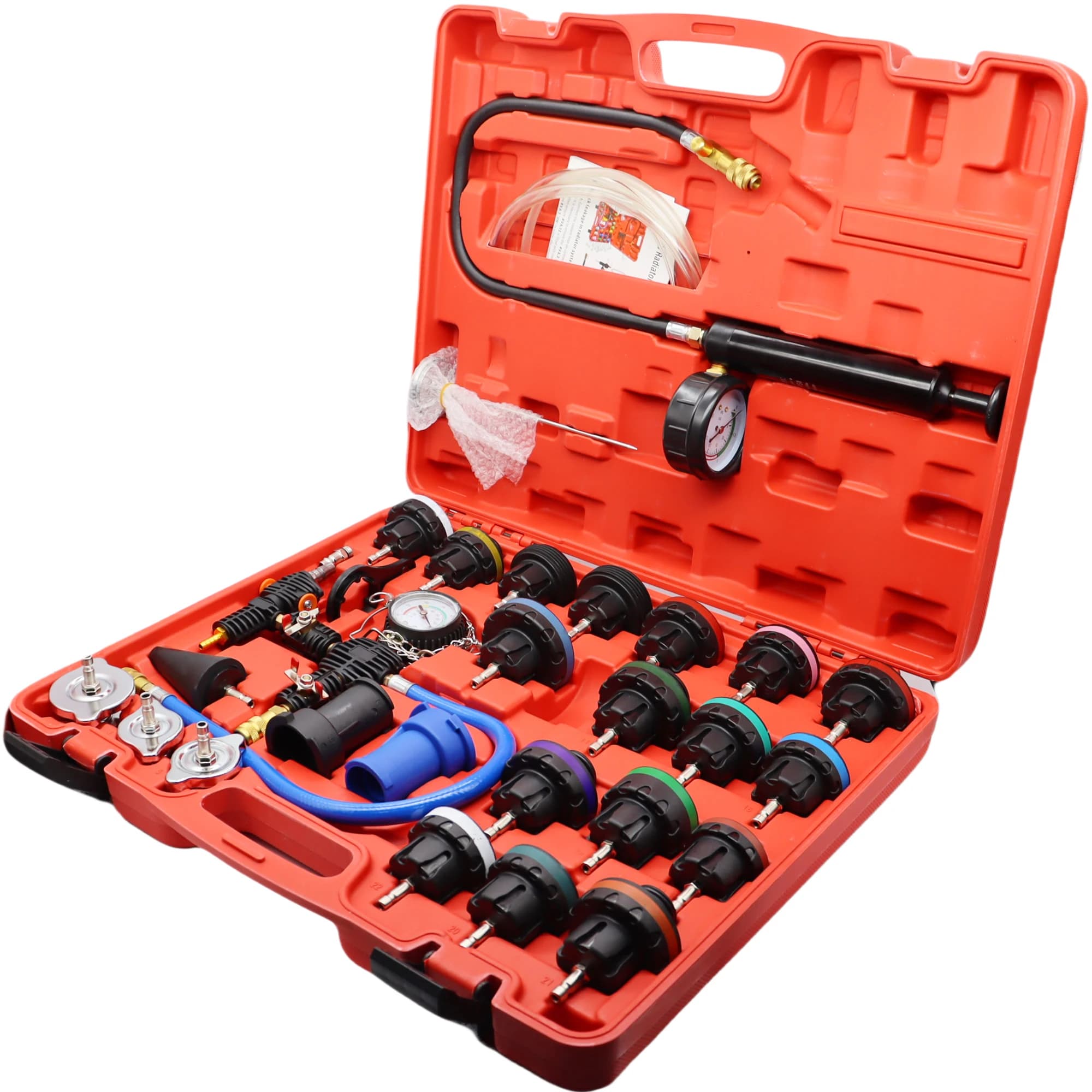Set di tester di pressione per radiatore universale da 28 pezzi, tipo vuoto, tester per sistema di raffreddamento, strumento rilevatore di rilevamento perdite del serbatoio dell'acqua