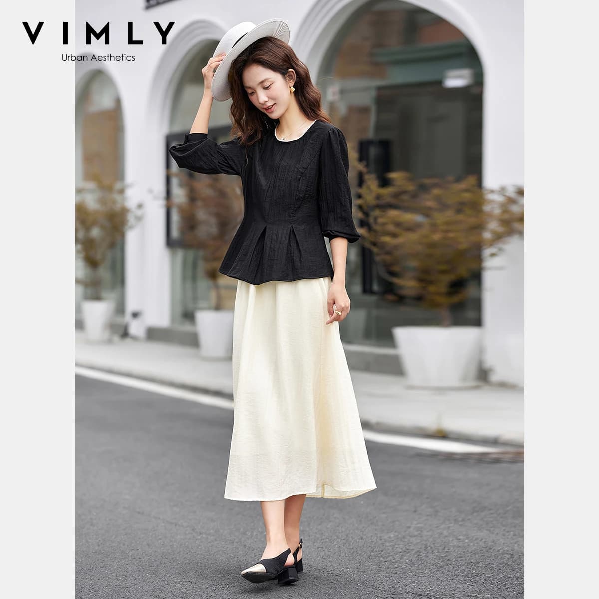 VIMLY Elegant Female Black Skirts Sets Crew Neck Long Sleeve Tops Midi Skirts Autumn 2026 New Casual Ladies Two Piece Sets A2899