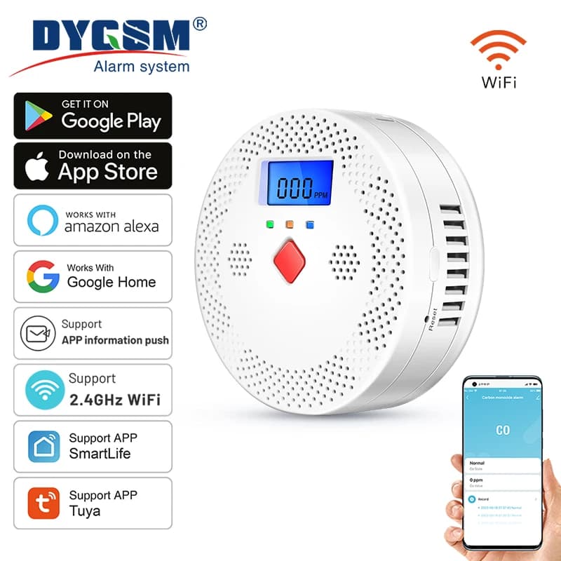 Tuya Smart WiFi Allarme monossido di carbonio App di rilevamento CO in tempo reale Il controllo APP funziona con Alexa Google Assistant compatibile