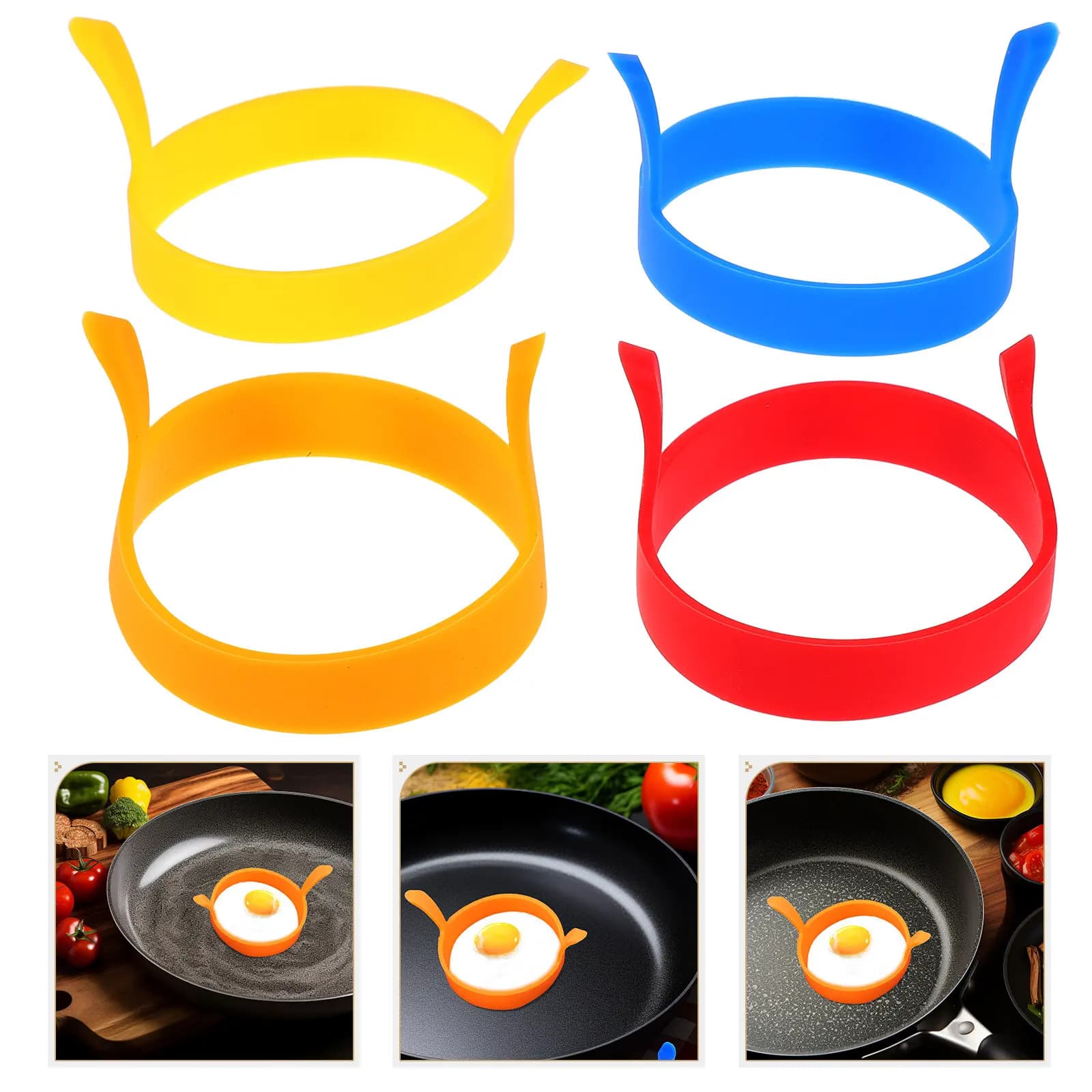 Set di 4 Anelli per Uova in Silicone Resistente al Calore con Impugnatura Ergonomica per Piastra Elettrica e Padella, Facili da Pulire e Riutilizzabili per Colazione