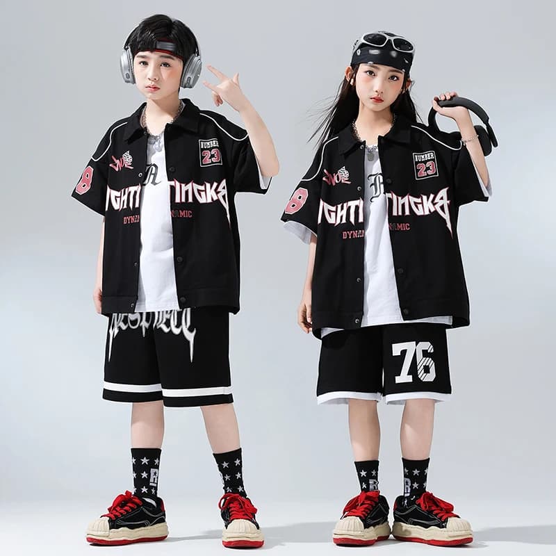 Costume da ballo jazz per bambini Camicia nera Pantaloncini hip-hop Vestito da performance di danza di strada Ballerino Abbigliamento da palcoscenico Abiti di moda VDL3422