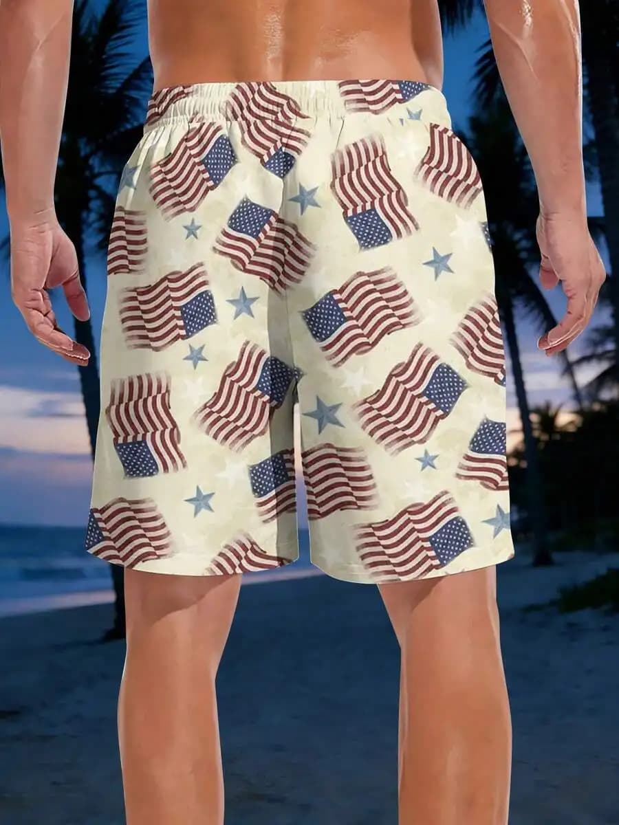 American Flag Print Mens Beach Shorts Patriotic Stars And Stripes Quick Dry Swim Trunks For Summer Outdoor