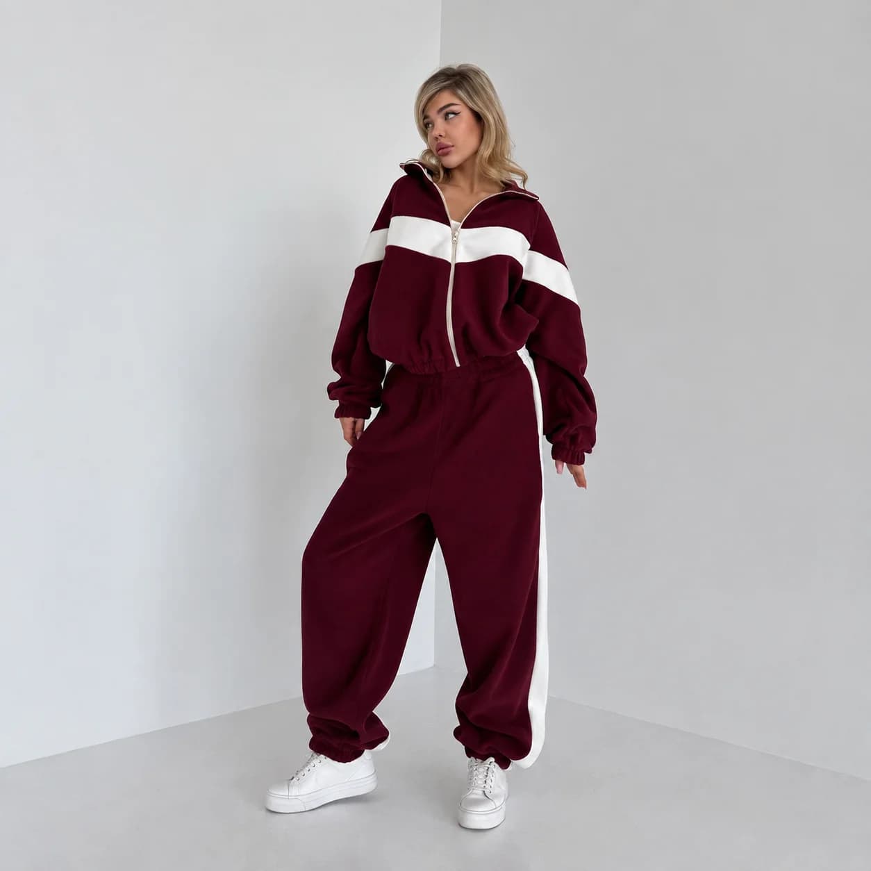 Women 2 Piece Tracksuit Set Zip Up Jacket Sweatpants Contrast Stripe Jogger Outfit Casual Sportswear