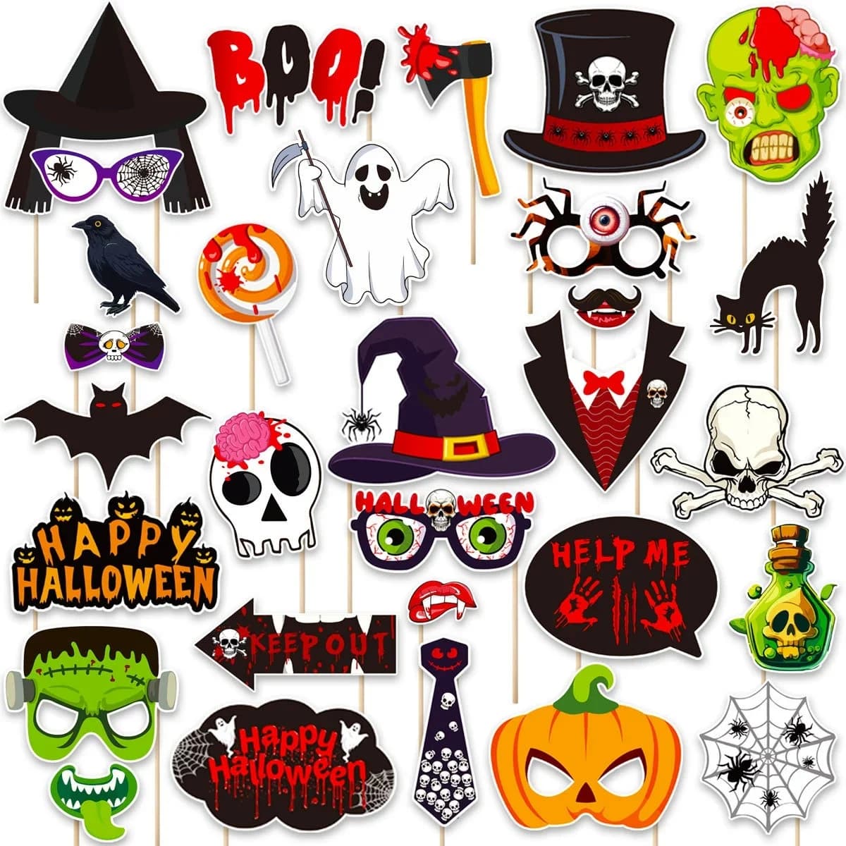 30pcs Happy Halloween Photo Booth Props Kit Witch Hat Pumpkin Bat Fancy Selfie Picture Prop for Kids Adults Dress Up Accessories