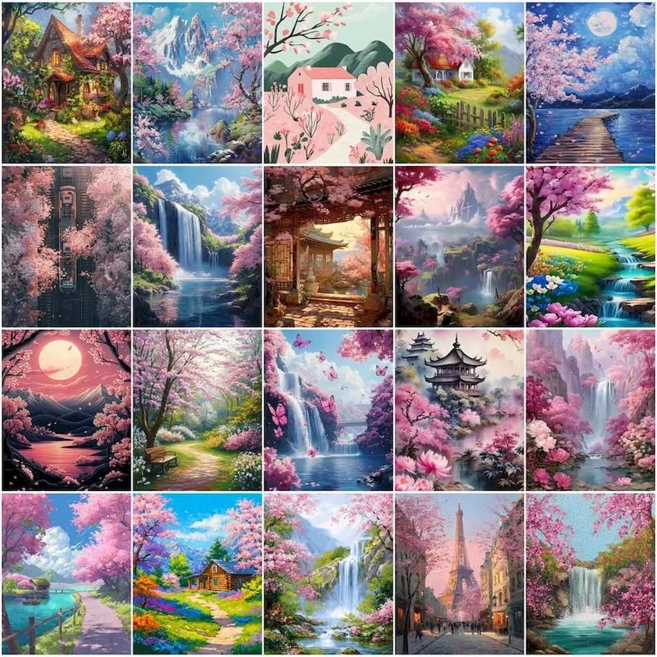 Painting By Numbers Canvas Coloring for Adults Pink Flower Tree Landscape Acrylic Paints Markers By Numbers Wall Art