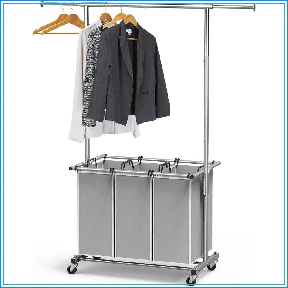 3-Bag Laundry Sorter with Extendable Hanging Rod, Rolling Clothes Rack, 13 Gal Each