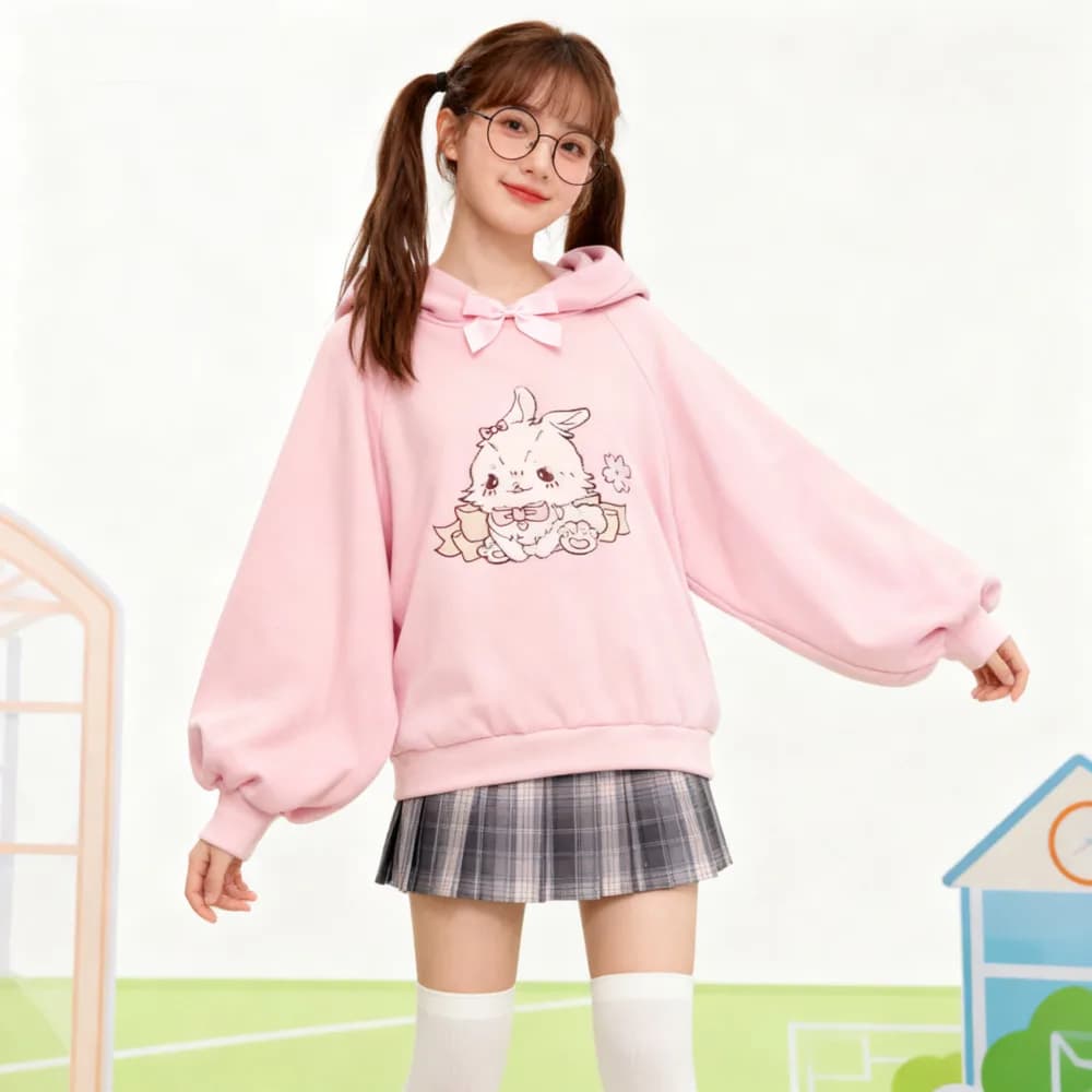 Felpa con Cappuccio da Donna Primavera 2026 con Collo in Pizzo, Stile Harajuku Kawaii, Pullover Rosa Lolita con Ricamo Agnello e Caramella