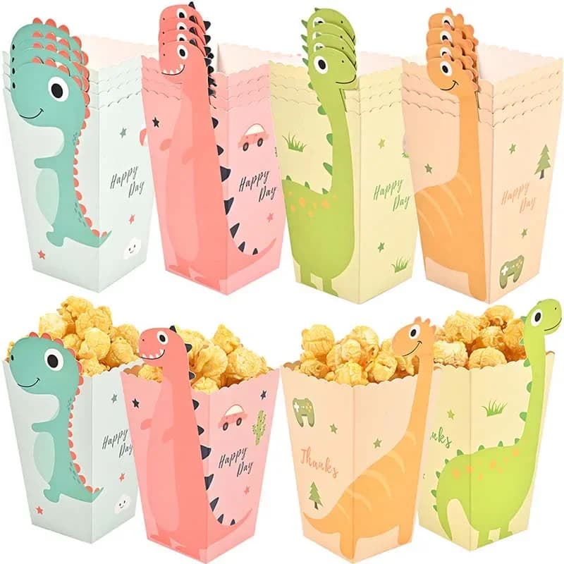 24 pezzi scatola di popcorn di dinosauro scatola di imballaggio di caramelle biscotti al cioccolato contenitori per alimenti forniture per decorazioni per feste a tema buon compleanno
