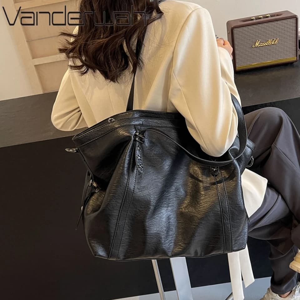 Women's Large Black Shoulder Bags 2026 Hobo Shopper Sac in Quality PU Leather Solid Color Women's Travel Hand Bag