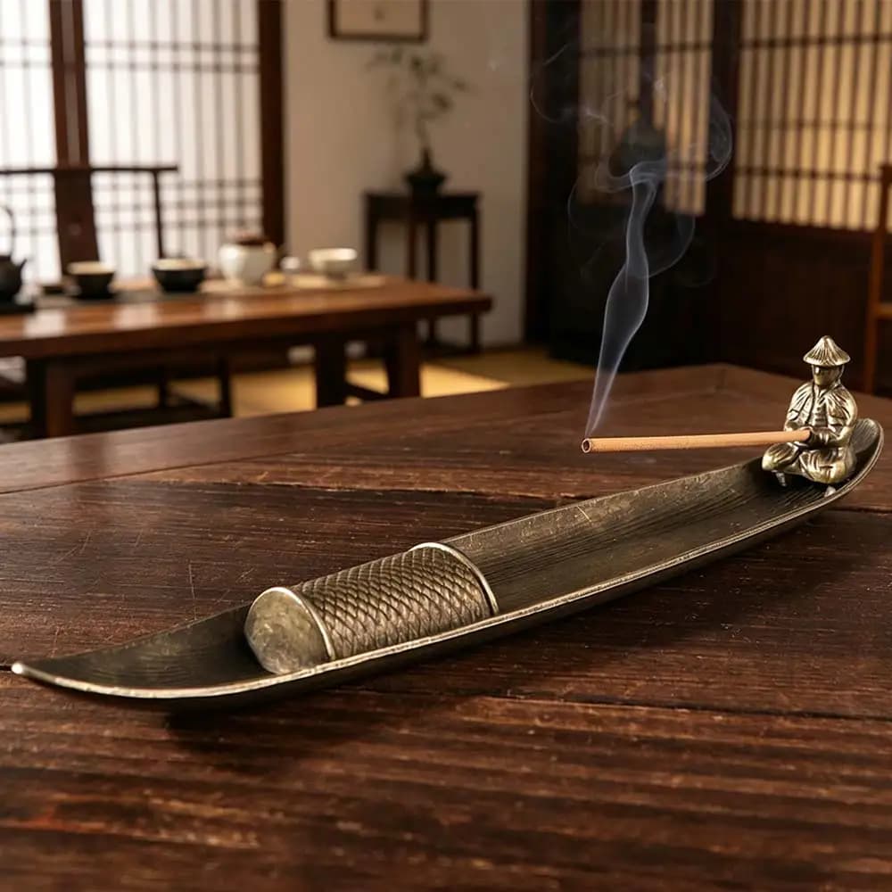 Unique Boat Shape Incense Holder Metal Old Men Fishing Incense Censer Sturdy Traditional Incense Stick Burner Living Room