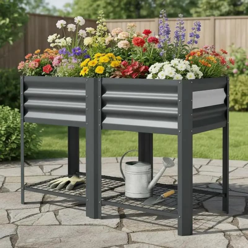 Raised Garden Bed Galvanized Steel, Elevated Planter Box with Storage Shelf, Bed Liner, 31.5" High, Dark Gray