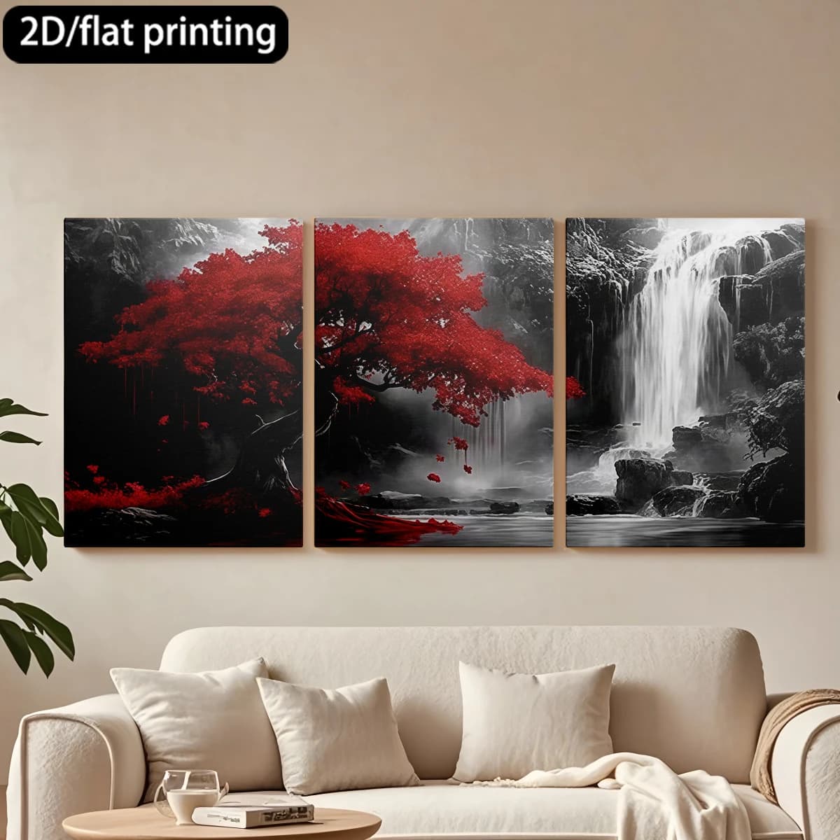 Decorative painting on canvas with wooden frame, 3 pieces, tree with red leaves, cascade, serene scene. Hall decoration, living room.