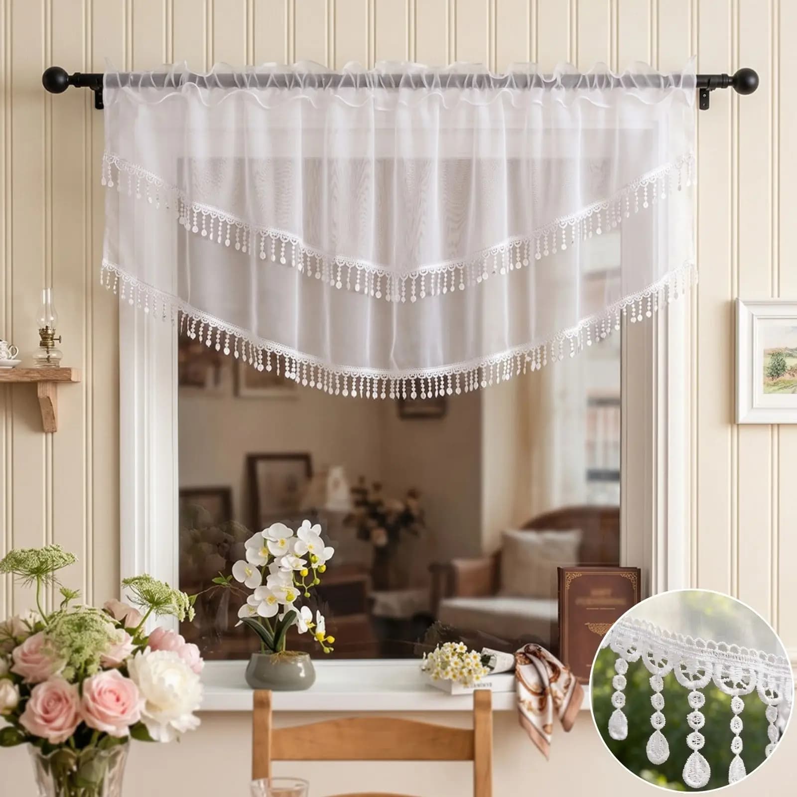 2PCS White Lace Beaded Tassel Cafe Valance Curtains, Light Filter Sheer Drapes For Kitchen Window Sweet Housewarming Gift