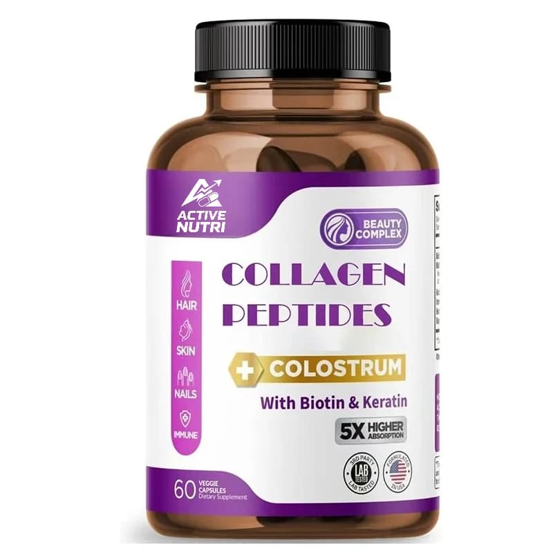Collagen Peptides, Biotin, and Keratin - Type 1 and Type 2-5-fold High Absorption, Hair, Skin, and Nails, 60 Capsules
