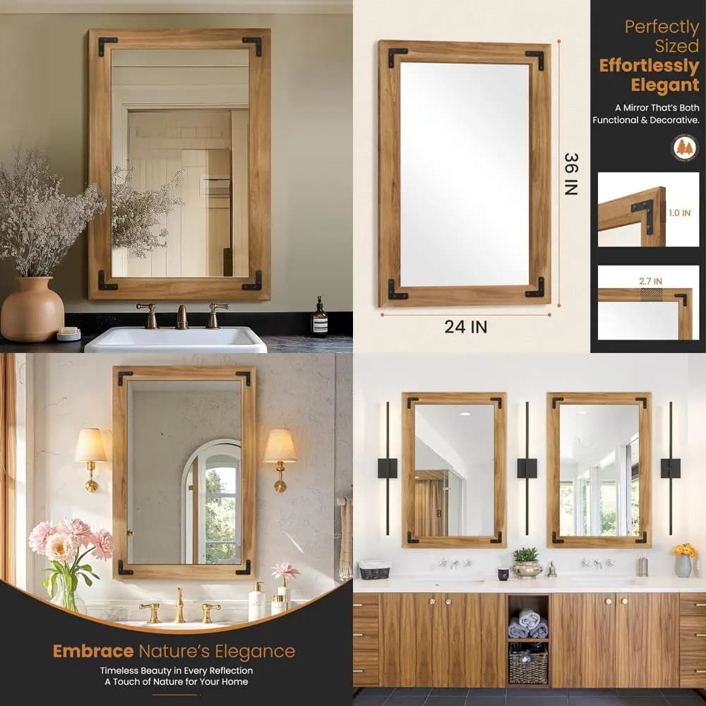 Specchio cosmetico in legno massello stile fattoria 36x24 pollici con struttura in legno per l'arredamento del bagno e della camera da letto, adatto per verticale o H
