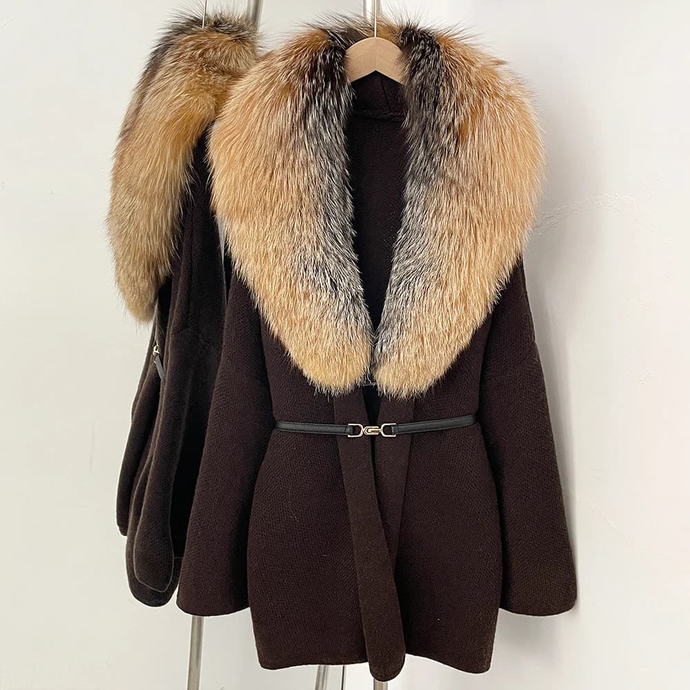 OFTBUY Maglione Oversize da Donna, Cappotto in Maglia con Vera Pelliccia di Volpe, Abbigliamento Femminile, Giacca in Maglia con Pelliccia