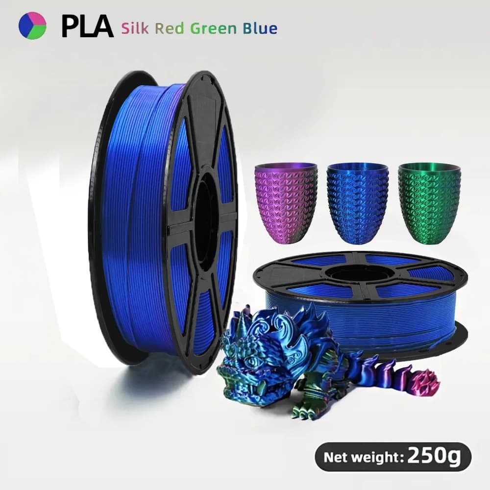 Silk Filament 1,75 mm 250 g, PLA filament of triple silk color, PLA filament rainbow, 3D printer filament well wrapped,