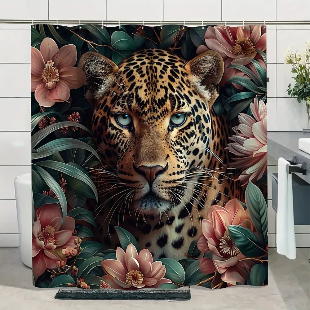 Tenda da doccia nella giungla, fauna selvatica, pianta tigre, foglia di palma tropicale, tessuto in poliestere, decorazione per il bagno con set di ganci