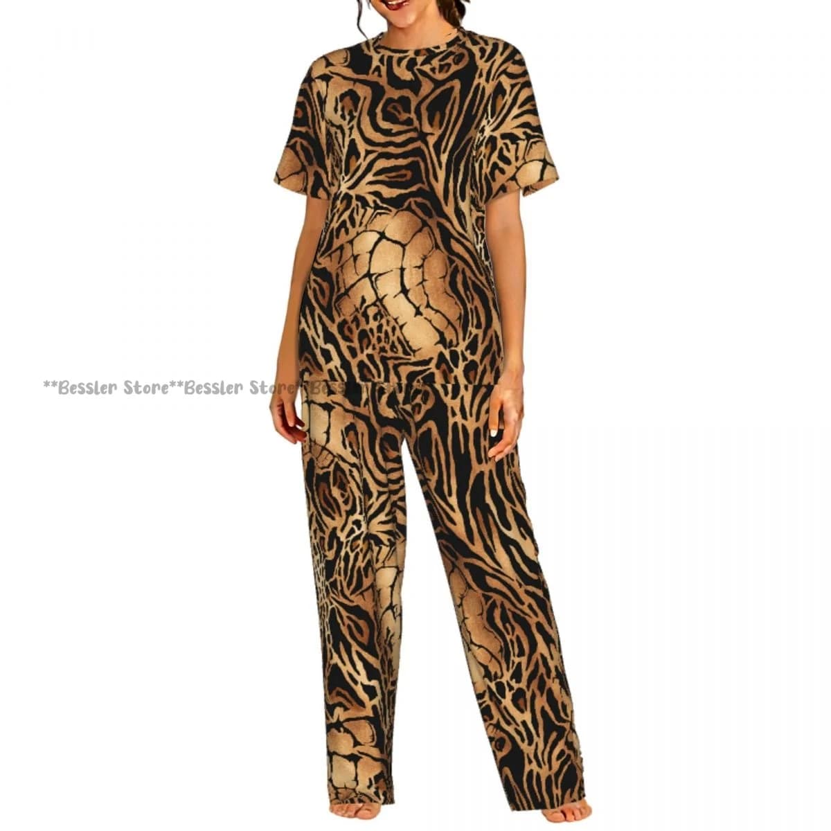 Women's casual pajamas set with short sleeved tiger leather pants, leopard and crocodile