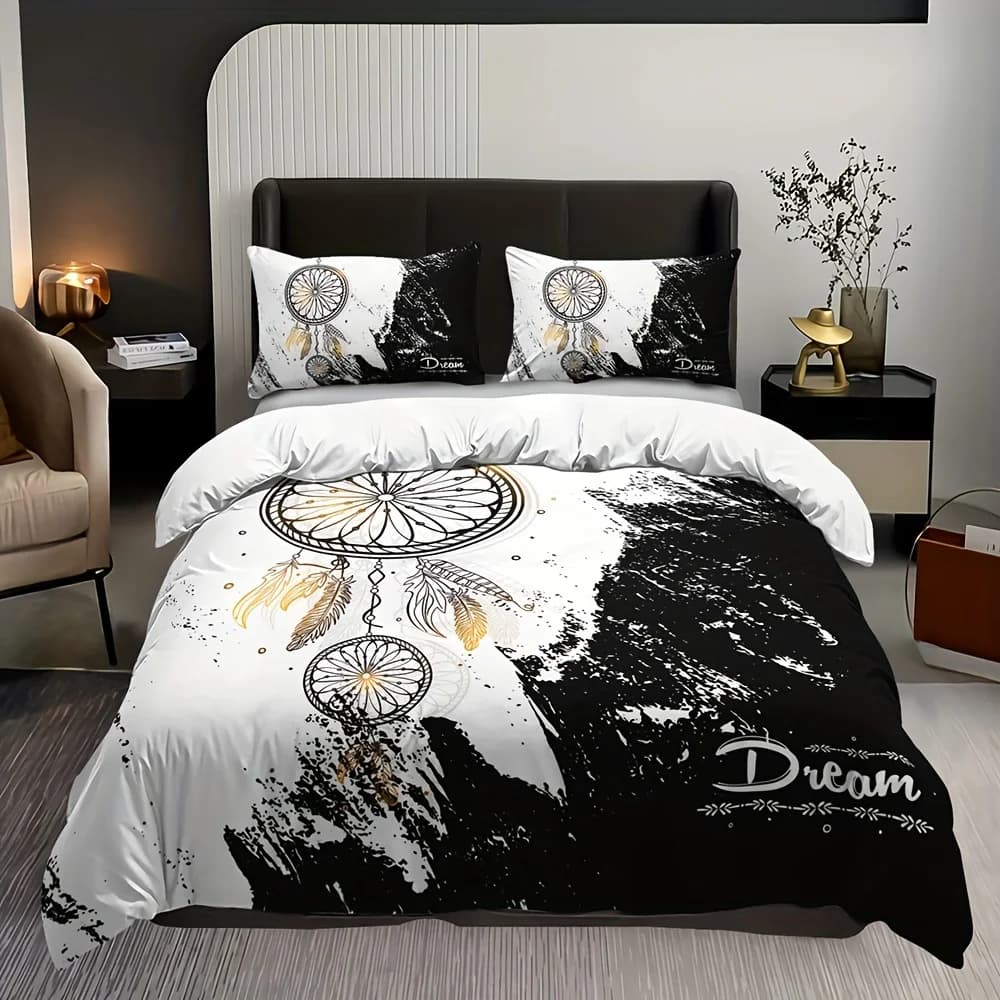 Soft Duvet Cover Set of Three, 1 Duvet Cover + 2 Pillowcases (Without Filling) 2D Flat Printed Duvet Cover Set of Three, Black and White Dreamcatcher Printed Duvet Cover Set of Three, Christmas Decoration, Suitable for All Seasons, Machine Washable, Invisible Zipper, Large Duvet Cover Set, Bedding Set, Quilt Cover