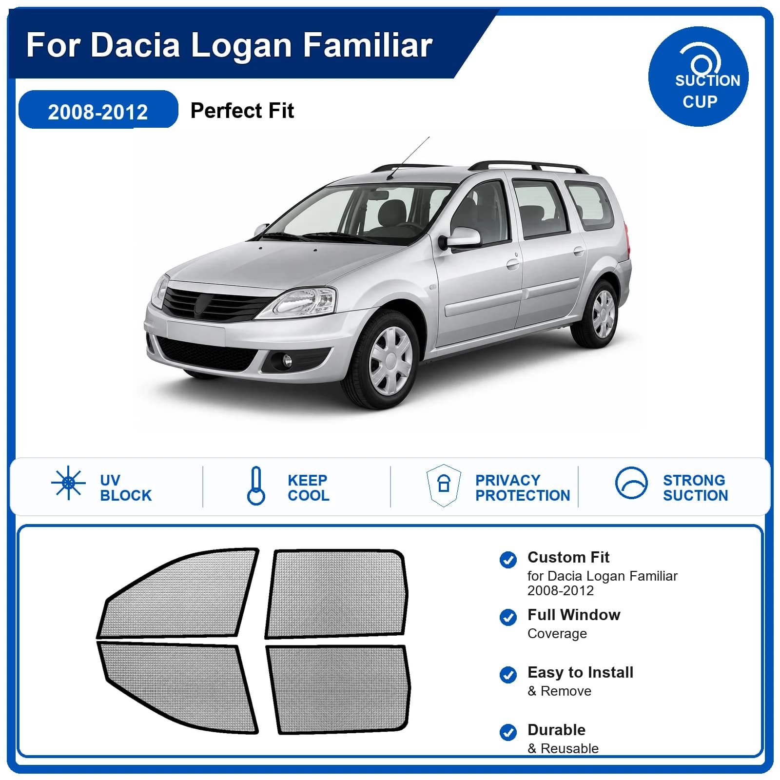 For Dacia Logan Familiar 2008-2012 Custom Full Set Windshield Sun Shade Aluminum Foil Heat Insulation Anti UV Foldable