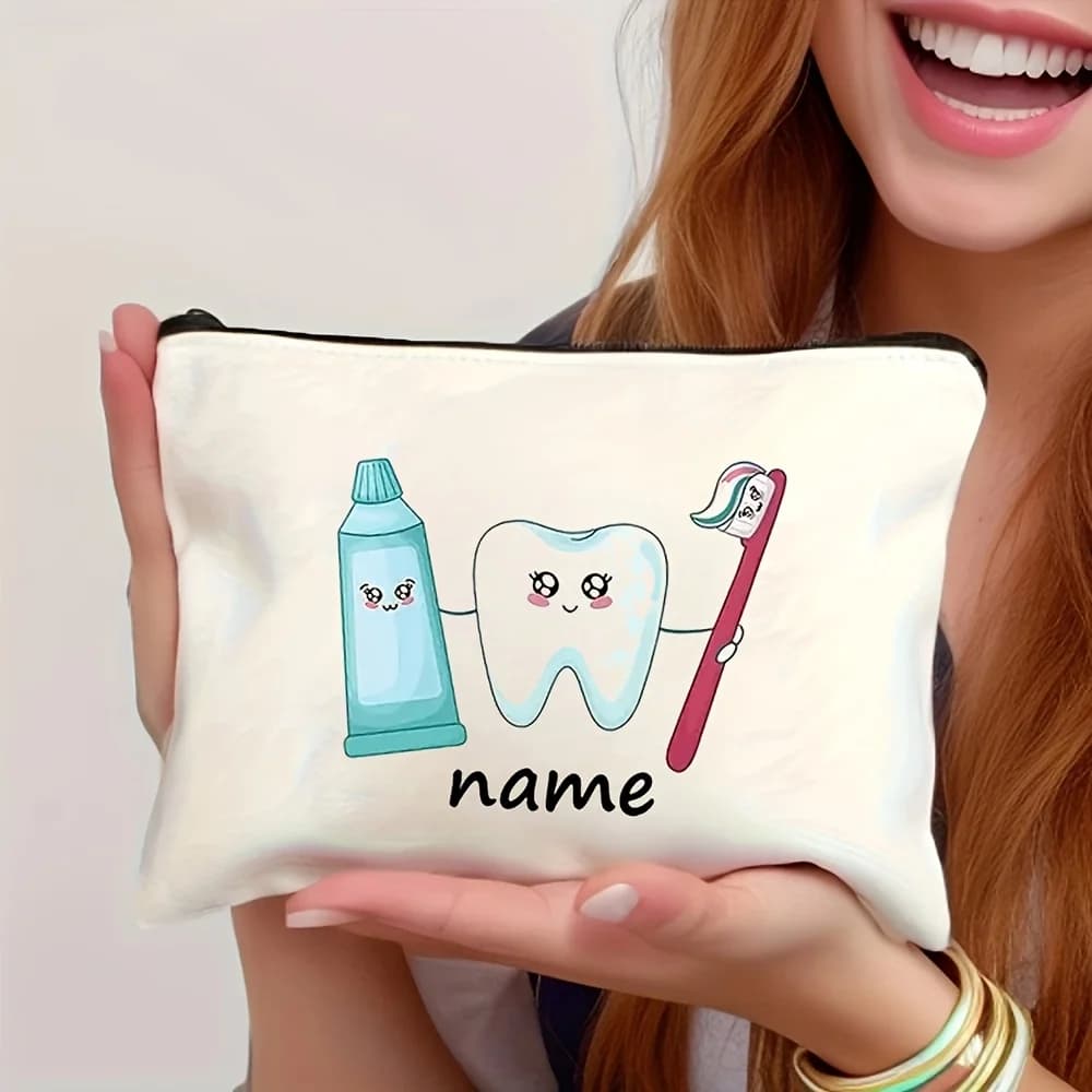 Personalized Dental Themed Makeup Bag Stylish Pouch Featuring Custom Name Slightweight Torage Bag Perfect for Travel Toiletries