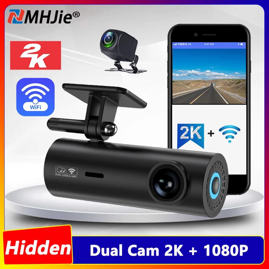 Dash Cam WIFI 2K a Doppia Lente, Telecamera Anteriore e Posteriore 1080P, Supporta Visione Notturna, Registrazione Continua 24 Ore, Mini Registratore Video per Auto DVR