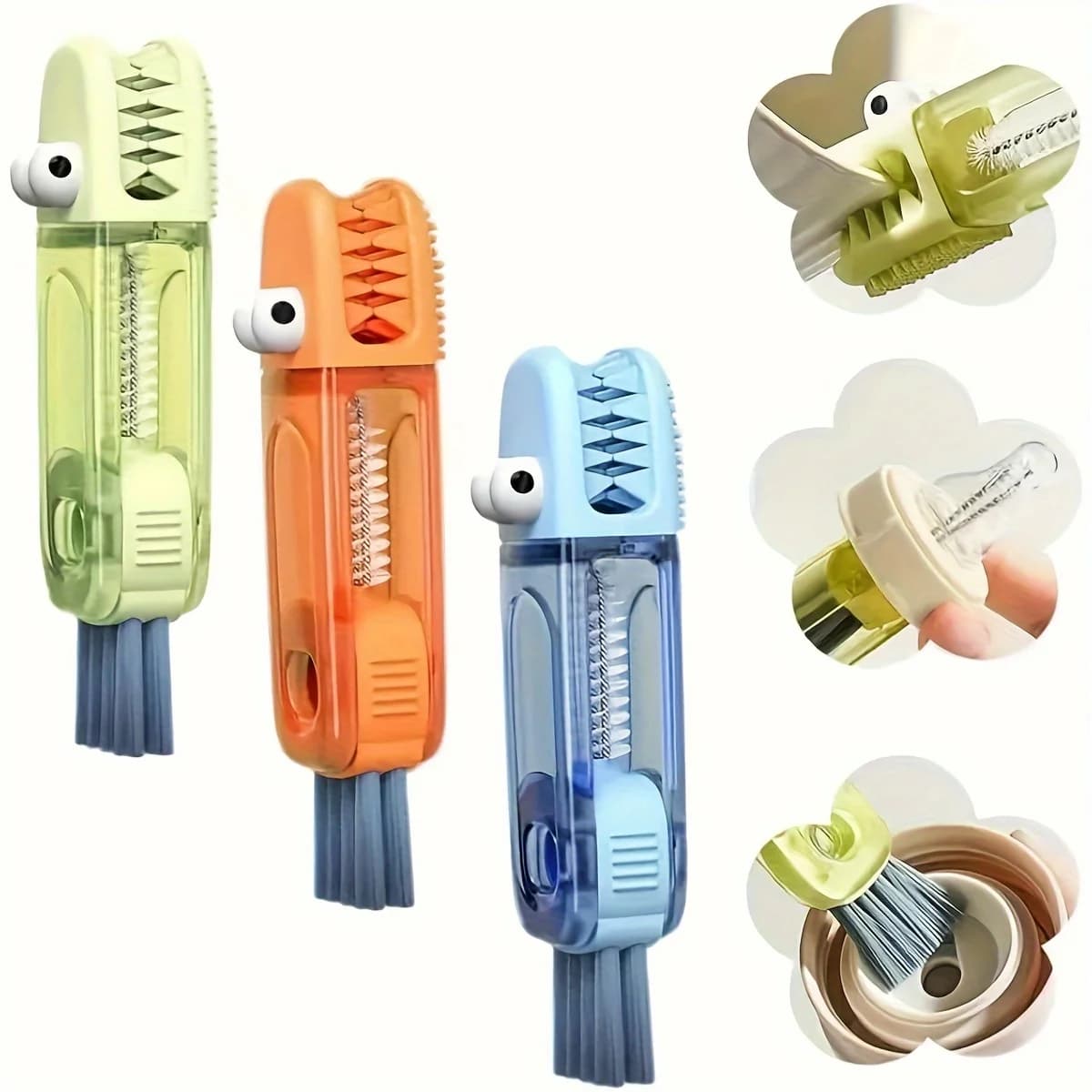 Spazzola 3-in-1 a forma di coccodrillo per bottiglie d'acqua, spazzola per la pulizia della cucina, per la pulizia di coperchi e cannucce, strumento portatile e carino