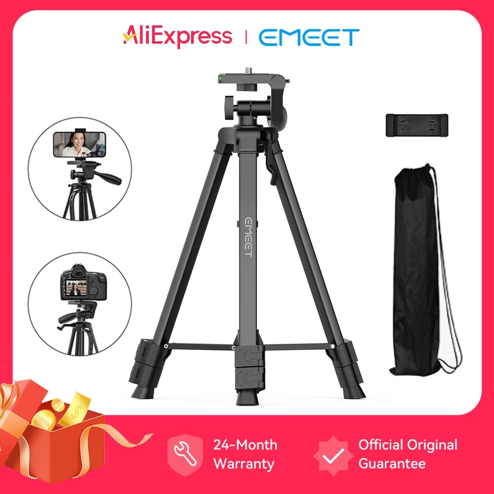 EMEET Tripod Stand, Adjustable Floor Mount for Video Camera&Cell Phones, 360° Pan Tilt Head, Foldable Lightweight Stand for Live