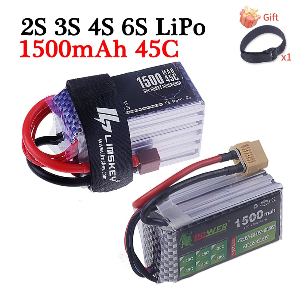 Batteria Lipo 2S 3S 4S 6S 1500mah 7.4V 11.1V 14.8V 22.2V Batteria ricaricabile T XT60 Spina 45C per RC Auto Elicottero RC Parti