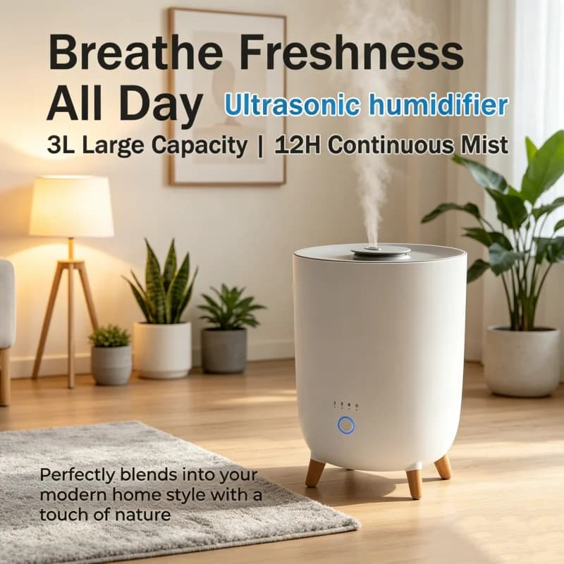 3L Ultrasonic Humidifier Classic Cylindrical Top Fill Design Easy Fill & Clean 4 Adjustable Mist Levels Quiet Sleep Mode