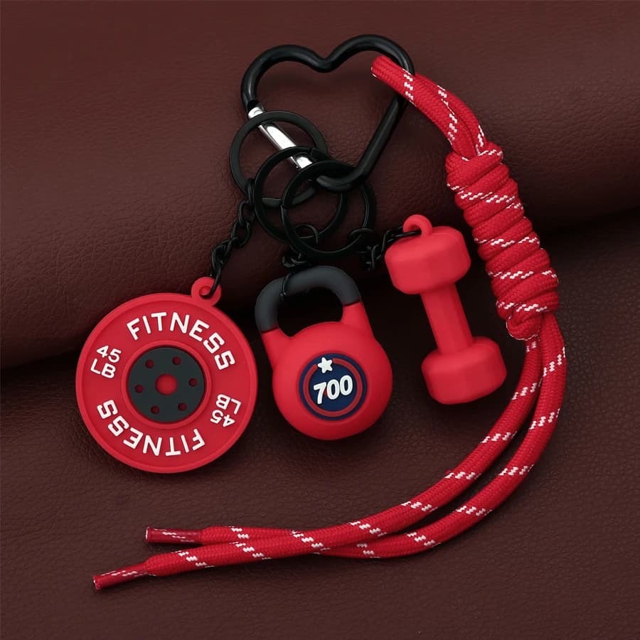 Mini Fitness Equipment Silicone Keychain Dumbbell Kettlebell Barbell Plate Heart Carabiner Bag Charm Gift for Gym Lovers