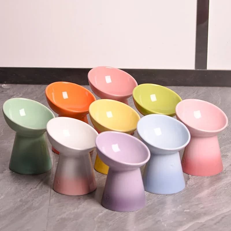 Ciotola per gatti in ceramica con piede alto Design a bocca obliqua piatto per alimenti per animali di grande calibro che protegge il collo cervicale vaso di alimentazione colorato