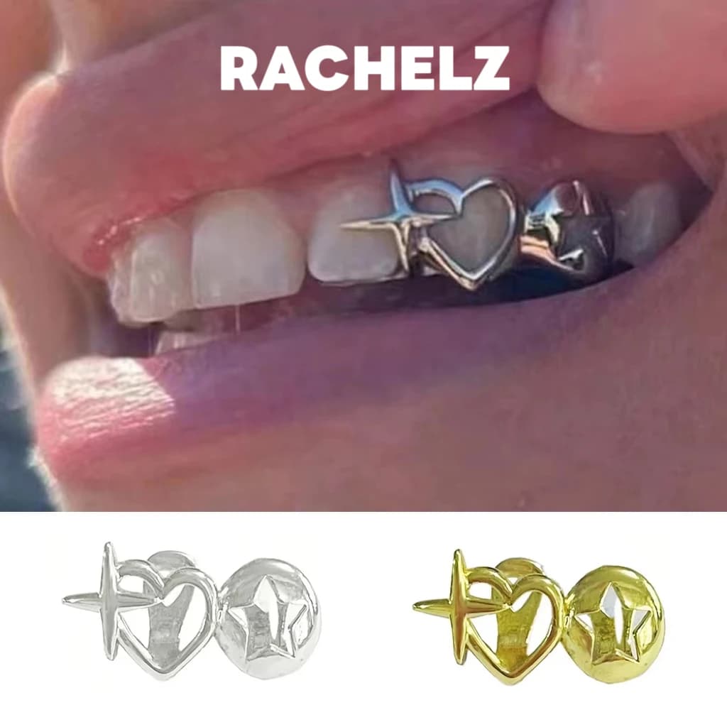 RACHELZ Y2K Vintage Doppio Cuore Cavo Stella Denti Grillz Hip Hop Lucido Croce Dente Caps Per Le Donne Degli Uomini Gioielli Regalo Cosplay