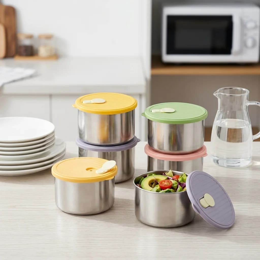 Fruit Vegetable Meat Food Storage Box Sealed Large Capacity 304 Stainless Steel Fresh-keeping Box Round Food Storage Container