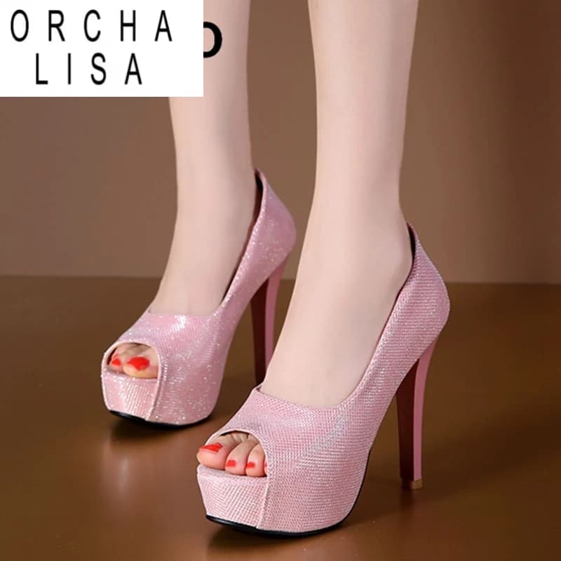 ORCHA LISA Sandali da donna sexy di lusso Peep Toe Stiletto 12 cm Piattaforma 4 cm Slip On Bling Moda Incontri Scarpe di grandi dimensioni 46 47 48