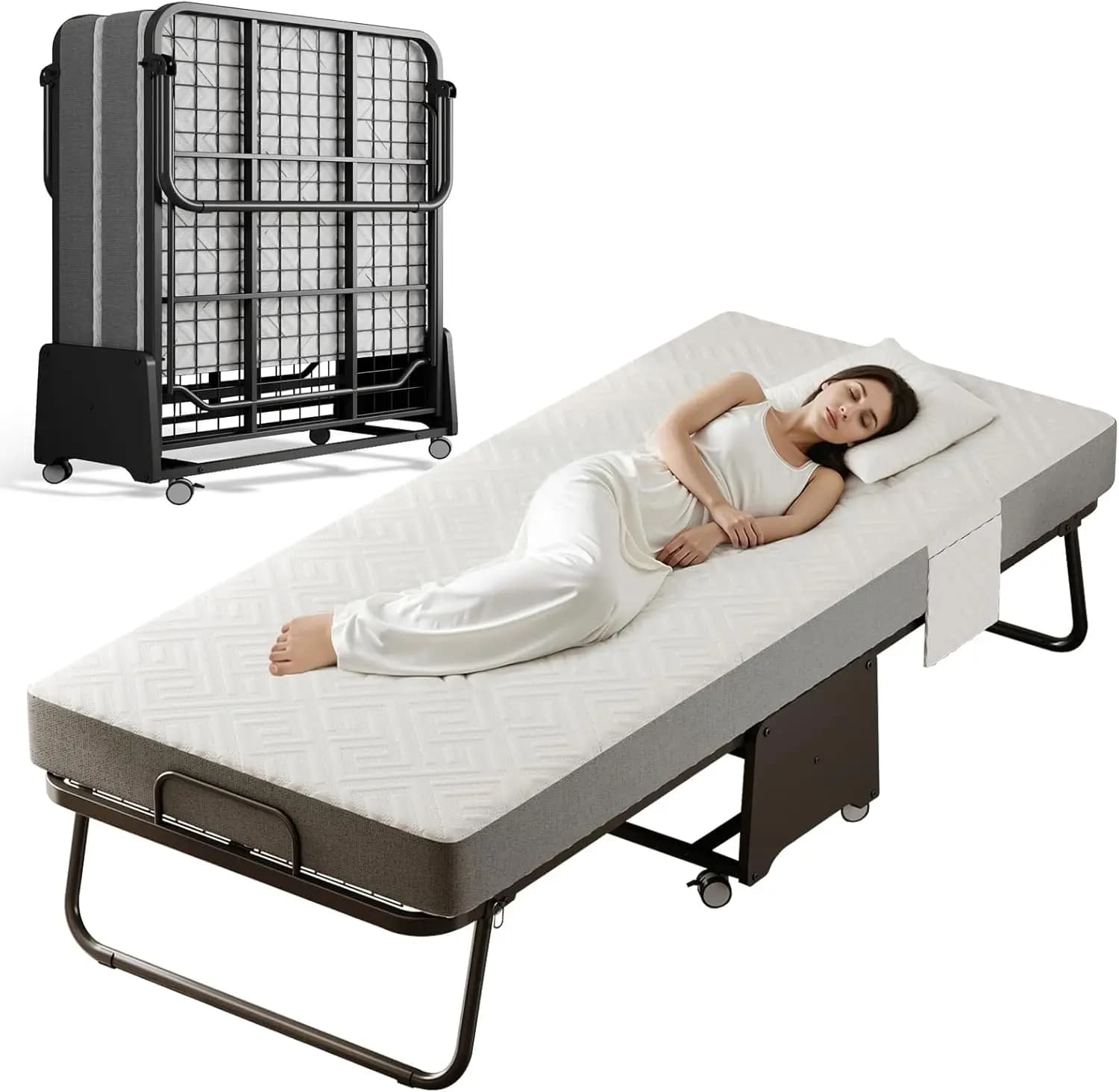 Letto Pieghevole Deluxe con Materasso in Memory Foam da 5 Pollici su Rotelle per Facile Conservazione