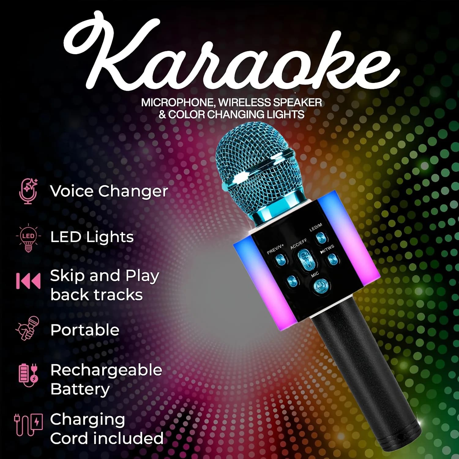 Wireless Karaoke Microphone Bluetooth Speaker LED Light Portable Singing Mic with Voice Changer for Kids Adults Party Outdoor Birthday Gift Car Travel Home KTV Rechargeable Handheld Karaoke Machine Christmas Present Fun Toy Children Boy Girl Family