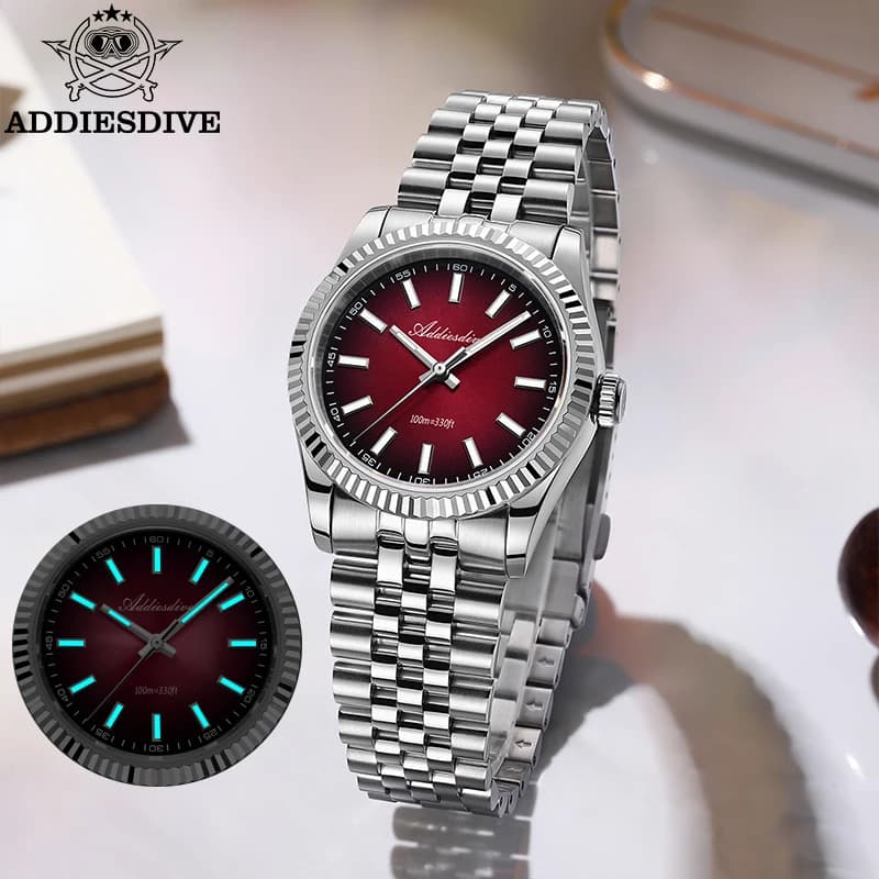 ADDIESDIVE 36mm Orologio da uomo Jubilee Strap 10Bar Diving Acciaio inossidabile 316L Cristallo di zaffiro BGW9 Orologio al quarzo VH31 super luminoso